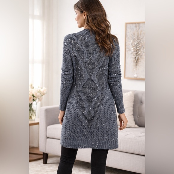 Indigo Rose Charcoal Gray Blue Sequin Knit Open Front Cardigan Size M - Picture 3 of 5